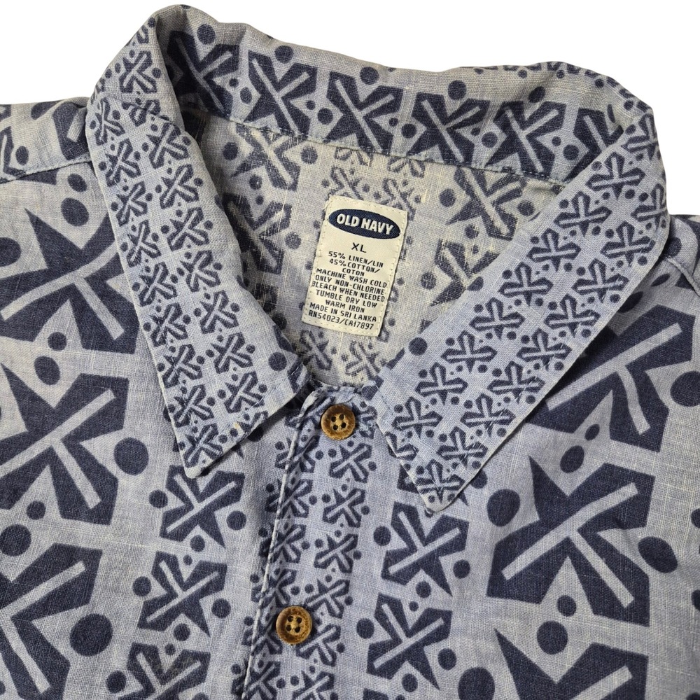 Old Navy Shirt Mens XL Blue Linen Cotton Geometric Tribal Print Summer Casual